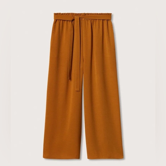 Mango Mustard Brown High Rise Tie Waist Wide Leg Crop Pants Medium - Picture 3 of 13